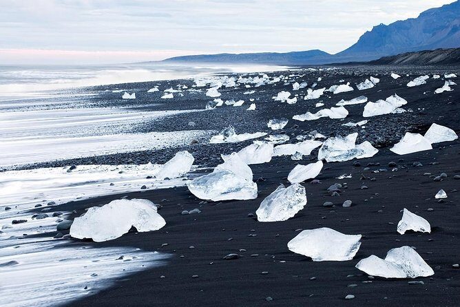 Jökulsárlón Glacier Lagoon, Diamond Beach and secret glaciers (from Djúpivogur) - Diamond Beach (Fellsfjara): black sand plus ice sparkle